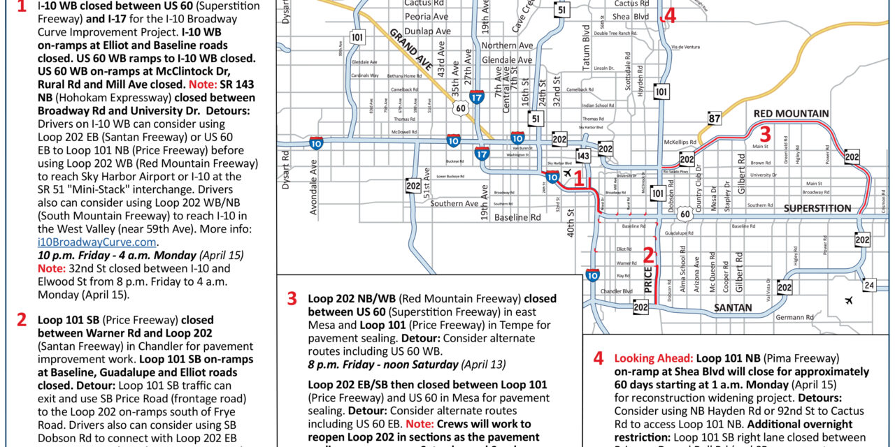 Closures planned on I-10, Loop 101 and Loop 202 this weekend, April 12-15