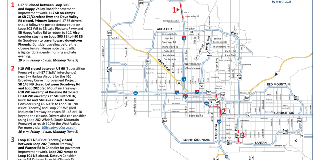 Closures planned along I-17, I-10 and Loop 101, May 31-June 3