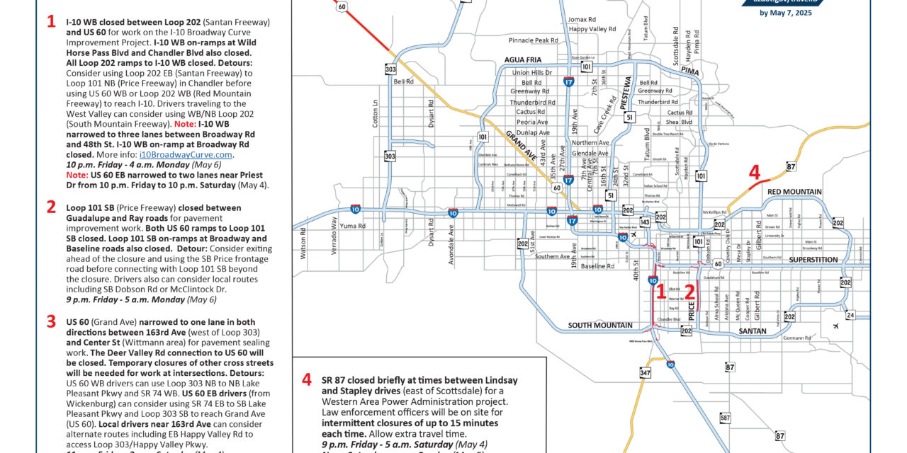 Closures planned on Phoenix-area freeways this weekend, May 3-6