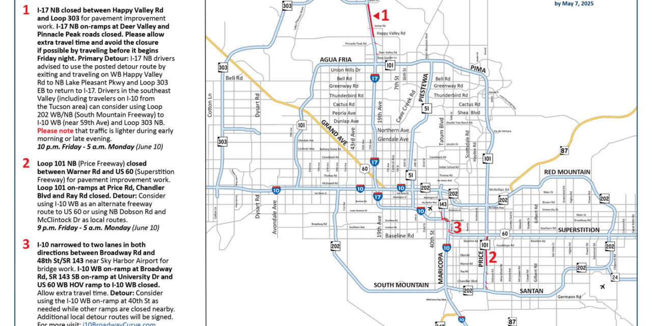 Closures planned on northbound I-17, elsewhere this weekend, June 7-10