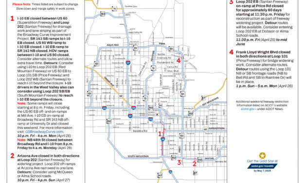 Weekend Phoenix-area freeway travel advisory, April 25-28