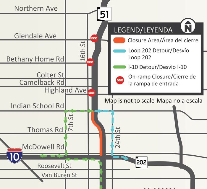 Southbound SR 51 closed between Indian School Road and I-10, April 10-13